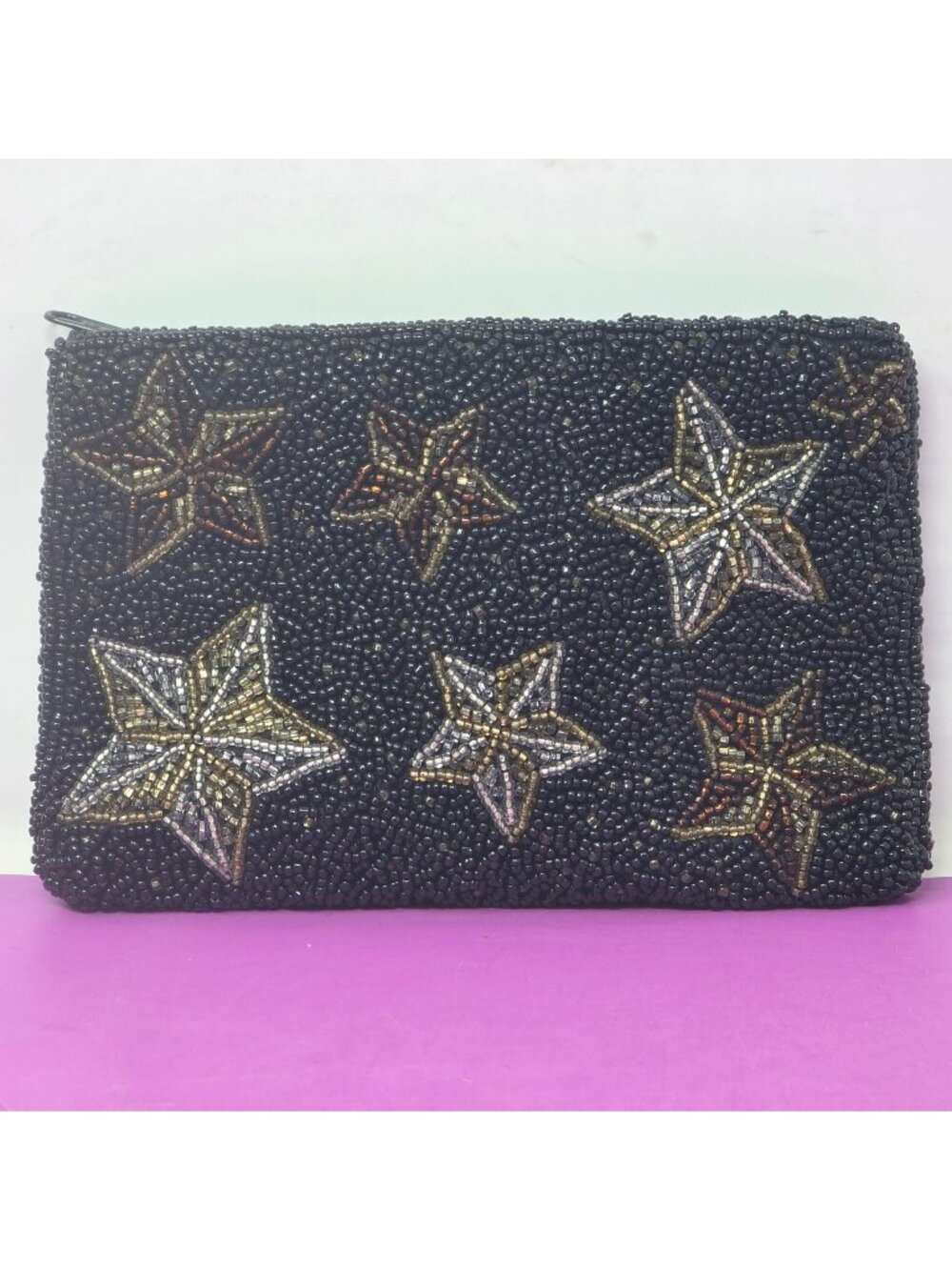 Neiman Marcus Black Beaded Evening Sm Clutch With Star Design & Zipper Closure